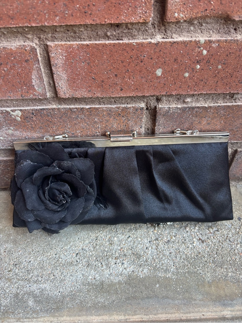 Jessica McClintock Black Satin Floral Clutch